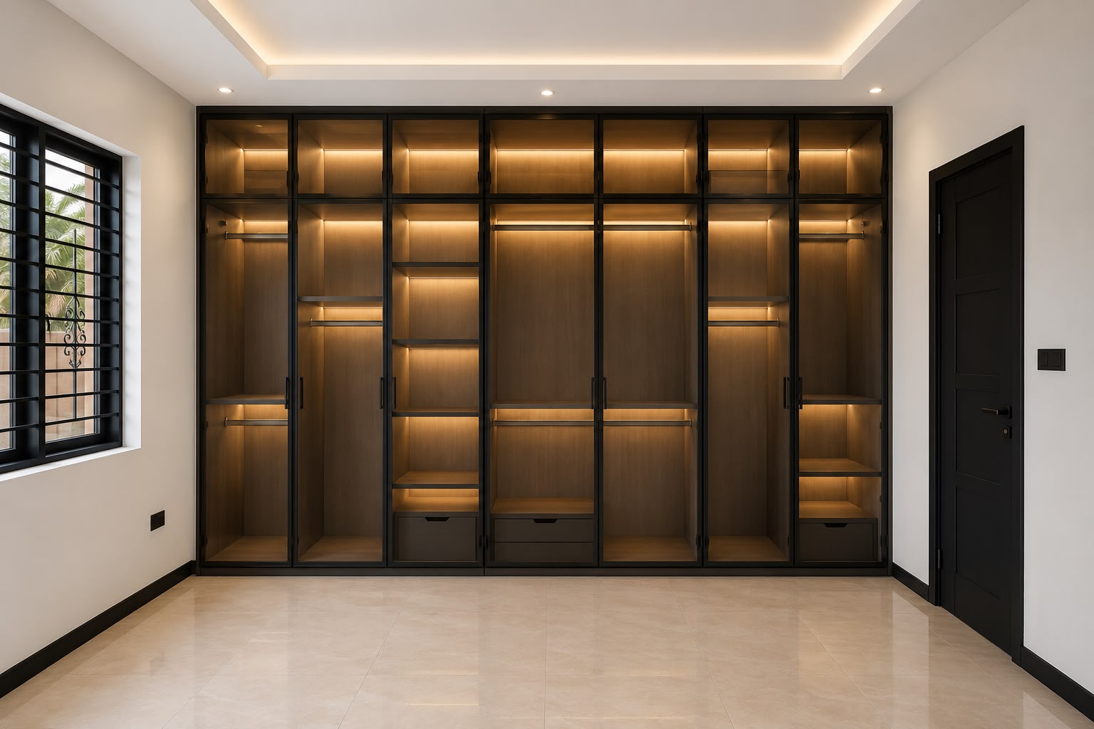 Close-up of black-framed wardrobe with illuminated shelving