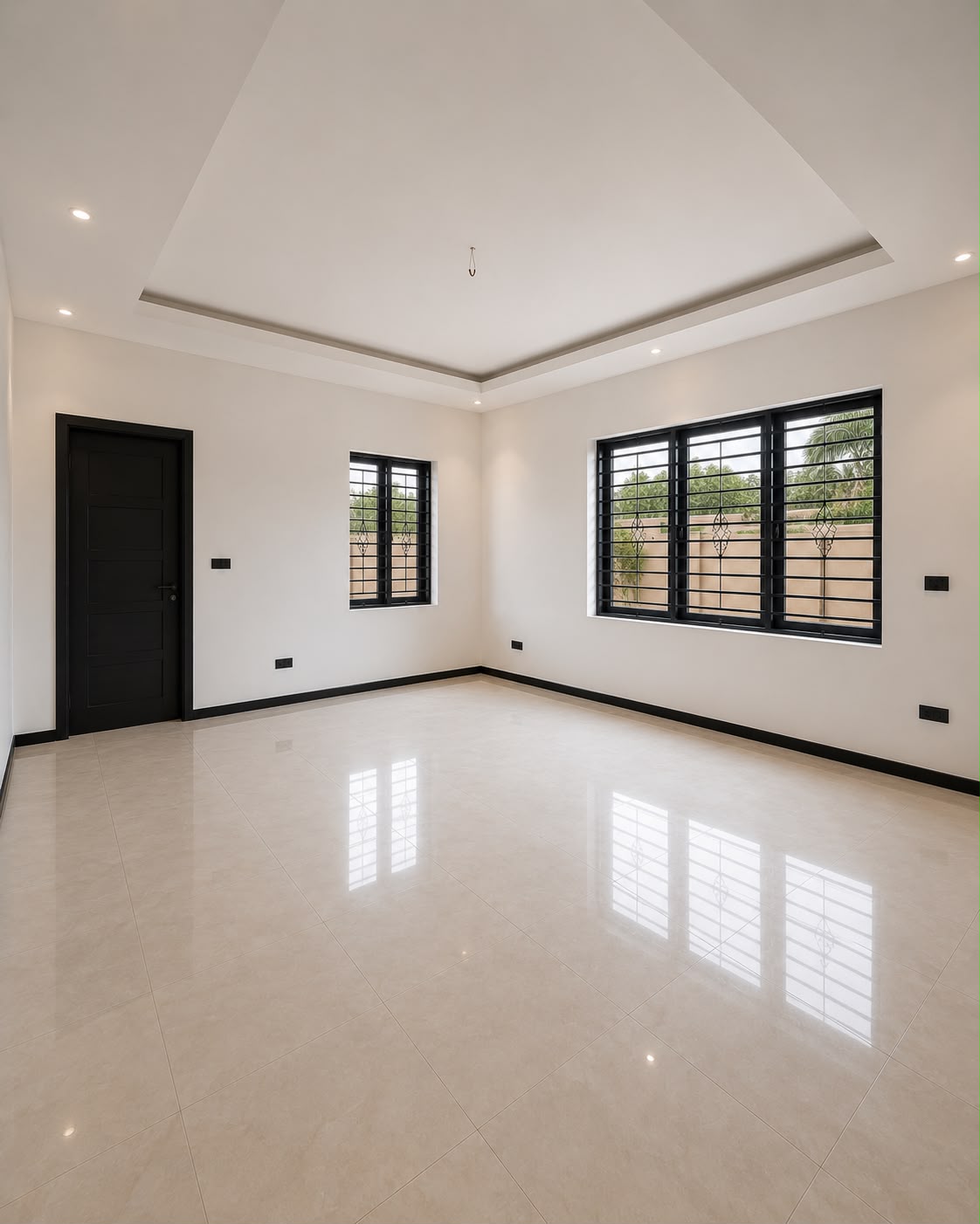 Bright bedroom with tray ceiling and polished tile floor