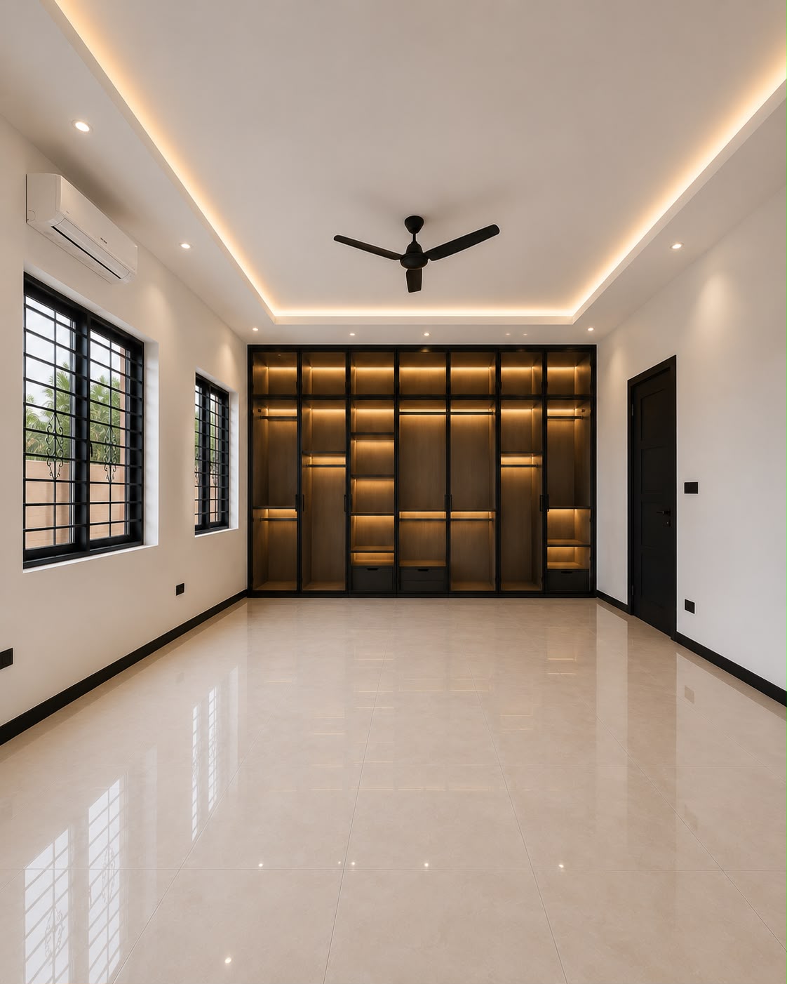 Bedroom with backlit built-in wardrobe and coffered ceiling