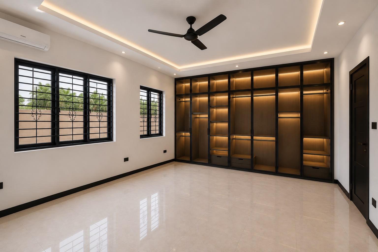 Full-wall built-in wardrobe with warm LED lighting