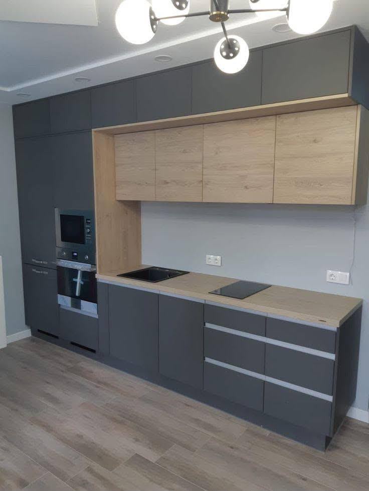 Grey and oak modern galley kitchen