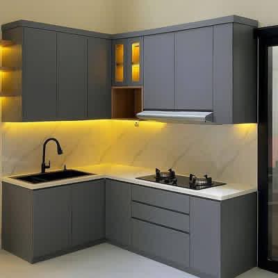 Charcoal grey L-shape kitchen with marble backsplash